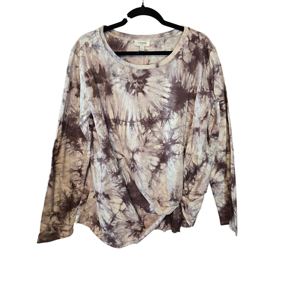 Umgee Womens Brown Tie Dye Long Sleeve Side Knot Twist Cotton Top A5830 Large